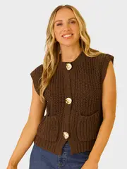 Womens Chunky Knit Button Up Vest Top