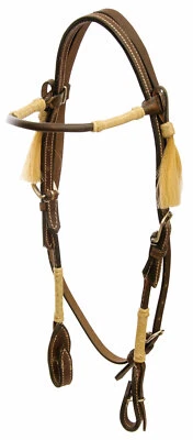 Western Dark Oil Leather Rawhide Braided Rolled Brow band Headstall with tassel