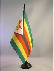 Zimbabwe Table Flag 5'' x 8'' - Zimbabwean Desk Flag 21 x 14 cm - Black Plastic Stick and Base - AZ FLAG