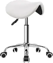Workshop Stool Mechanic's Seat Rolling Saddle Stool PU Leather Swivel Adjustable Rolling Stool with Wheels Salon Chair White
