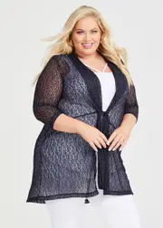 [Taking Shape] Taking Shape Tie Front Long Cardigan Size 12 in Navy Print - Plus Size Women's Clothing Navy Print