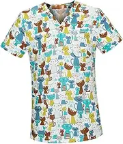 Perfeclan Nurse Workwear Nursing Uniform V Neck Scrub Top Comfortable Lightweight Soft Multipurpose for SPA Cosmetology Machine Washable Short Sleeves, Cat Pattern, M