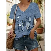 Women's T Shirt Graphic Animal Cat Vintage Stylish Classic Short Sleeve V Neck Regular Tops Daily Going out Weekend Print Yellow Red Blue Purple Green Summer S