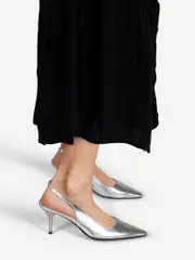 Silver Leather Point Toe Slingback Heels