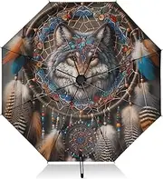 [RPLIFE] Boho Style Wolf Dream Catcher Travel Umbrella, Lightweight Durable Automatic Open/close Umbrella for Women, Travel Umbrellas for Rain and Sun