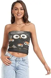 [RPLIFE] Owl Mother and Little Owl Crop Tube Tops for Women, Trendy Crop Tops, Mesh Tube Tops, Summer Tube Tops for Women (S)