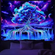 Obsecolors Blacklight Tree of Life Tapestry UV Reactive Waterfall Tapestry Galaxy Space Aesthetic Tree Wall Tapestries Colorful Starry Sky Tapestries Wall Hanging for Bedroom
