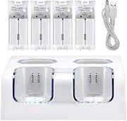 Wii Charger Station for Wii Controller, Wii Remote Charger with 4 Rechargeable Batteries USB Charging Cord LED Indicator -White