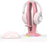 4 in 1 Headphone Stand Desktop Over-Ear Headset Display Hanger Holder, Esports Gamers PC Gaming Accessories with Mouse Bungee, RGB Light, 4 USB Port Hub, Pink