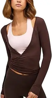 [Geagodelia] Long Sleeve Wrap Over Tops for Women Front Tie Slim Fitted Deep V-Neck Cross Wrap Around Tops Workout Pilates Ballet Yoga Gym Sports Top
