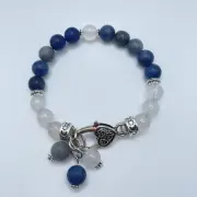 Blue Adventurine White Agate Bead Bracelet 7 1/2" Lobster Clasp Handmade