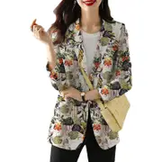 Nevenka Womens Printed Blazer Lapel Long Sleeve Open-Front Casual Jacket-Khaki