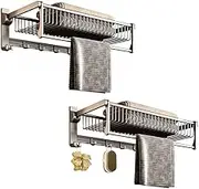 SOGA 2X 61cm Gray Wall-Mounted Double Pole Towel Holder Bathroom Organiser Rail Hanger with Hooks