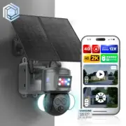 Wireless Security Camera 4G 2 Cams 12X Zoom 2K Solar Powered 24/7 Outdoor 128GB