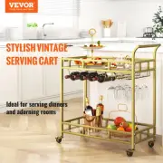 Two Tier Gold Serving Cart with Wine Rack and Glass Holder 120 LBS Capacity