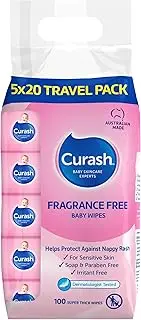 Curash Fragrance Free Baby Wipes - Ideal for Newborns - pH Balanced - For Sensitive Skin - Soap, Alcohol, Paraben & Irritant Free - Wet Wipes - Travel Pack - Baby Essentials - 5 x 20 Value Pack, 100 wipes