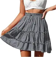 [bawilom] Women's Tiered Mini Skirt Solid Color Drawstring Elastic Waist Pleated Layer Ruffle Hem Flowy A Line Short Skirt