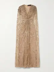 [Jenny Packham] Jenny Packham - Lotus Cape-effect Embellished Sequined Tulle Gown - Gold - UK 10 UK 10 Gold