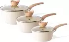 Non Stick Saucepan Set – Induction Saucepan with Lid – 3pcs Cream Granite Sa...
