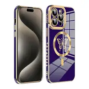 ForApple iPhone 15/14/13 Butterfly Design MagSafe Magnetic Case with HaloLock Shockproof Military Grade Protection Scratch Resistant Back Protective Cover (Purple)