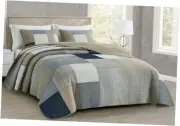 Addy 3-Piece Navy Blue White Gray Taupe Plaid King Plaid Patchwork Taupe