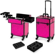 [Arous] Rolling Makeup Train Case Cosmetic Travel Trolley 4 Tray with Sliding Rail Removable Middle Layer with Key Swivel Wheels Salon Barber Case Traveling Cart Trunk Rose, Red