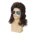Mens Mullet Wig Brown Long Curly 80s Wig Halloween Costumes Party Hair Wig fo