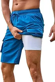 [SHEKINI] Men's Swim Trunks with Compression Liner 2 in 1 Mens Swimming Shorts 4-Way Stretch Bathing Suit Quick Dry Surfing Beach Board Shorts