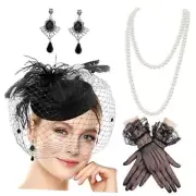 Black Vintage Feather Fascinators Hats Pillbox Hat Set 20s 50s Top Hat Lace