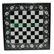 24'' Black Marble Chess Table Top Pietra Dura Inlay Malachite Children Game c14