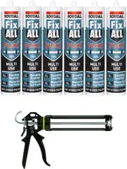 Soudal Fix All Flexible Adhesive Sealant Grey 290ml 6 Pack + Gun Kit