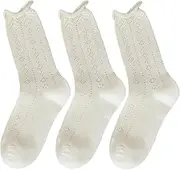 [zrylibya] Women Cute Roll Top Frilly Socks Hollow Out Crochet Knit Textured Pattern Crew Socks 3 Pairs