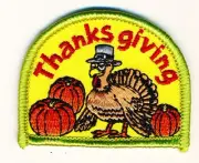 Scout's Fun Badge / Patch - Thanksgiving - Turkey w/Pilgrim Hat & Pumpkins (P16)