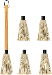 YFWOOD 18 Inch Grill Basting Mop Wooden Long Handle with 3 Extra Heads for Grilling & Smoking