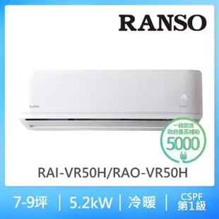 【RANSO 聯碩】7-8坪R32耀金防鏽一級變頻冷暖分離式(RAI-VR50H/RAO-VR50H)