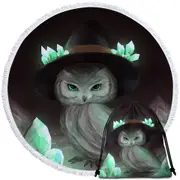 Cool Green Crystal Owl Witch Round Beach Towel