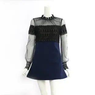 【SELF-PORTRAIT】長袖雪紡立領藍裙短洋裝(黑色)