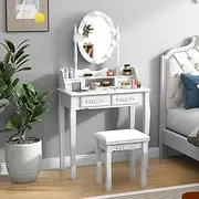 Dressing Table Stool Set, LED Vanity Makeup Desk, 10 Brightness Adjustable LED Lights, Rotating Oval Mirror, Touch Switch, Detachable Top & 4 Drawers, Jewellery Storage Organiser Cabinet for Makeup