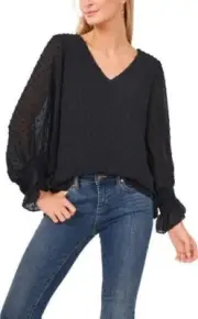 Vince Camuto Women's Long Sleeve Mood Indigo V Neck Top, Rich Black, M