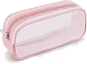 Grid Mesh Pen Pencil Case with Zipper, 2 Compartment Clear Pencil Case Pouch, Multi-Purpose Transparent Stationery Bag for Office, Clear Makeup Cosmetics Bag for Adults (Pink, One Size)