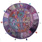Ethnic Round Floor Cushion Cover Vintage Patchwork Purple 28x28 Cotton Footstool