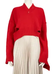 Red Wool Cropped Distressed Knit Jumper
