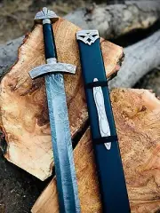 Hand Forged Damascus Steel Viking Sword Sharp Medieval Replica with Scabbard, Pe
