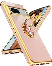 LeYi for Google Pixel 7 Case: 360° Rotatable Ring Holder Magnetic Kickstand, Plating Rose Gold Edge Protective Google Pixel 7 Case, Pink