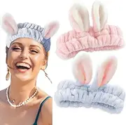 2 Pcs Spa Headbands Bunny Ears Makeup Headband for Women, Rabbit Hair Bands For Washing Face Skin Care Shower Bath, Cosplay, Pink & Blue