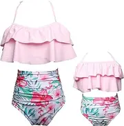 [KABETY] Girls Swimsuit Two Pieces Bikini Set Ruffle Falbala Swimwear Bathing Suits, Pink, Small