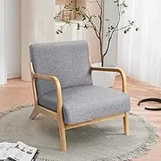 ALFORDSON Wooden Armchair with Linen Fabric Upholstery Cushion, High Back Accent Chair with Solid Wood Frame Wooden Armrest, Lounge Sofa for Reading Bedroom Living Room, 180KG Max(Light Grey)