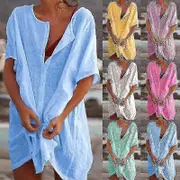 Women's Beach Cover-up Shirt Dress - Solid Color Tunic Tops For Summer Swimwear S2024123014760 Blue M