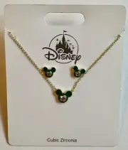 Disney Crislu Mickey Mouse Necklace & Earrings Cubic Zirconia Green & Gold