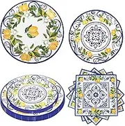 108 PCS Capri Lemon Party Plates and Napkins Blue Tiles Mediterranean Party Decor Disposable Tableware Sets Baby Shower Birthday Party Decorations Supplies Favors for 36 Guests